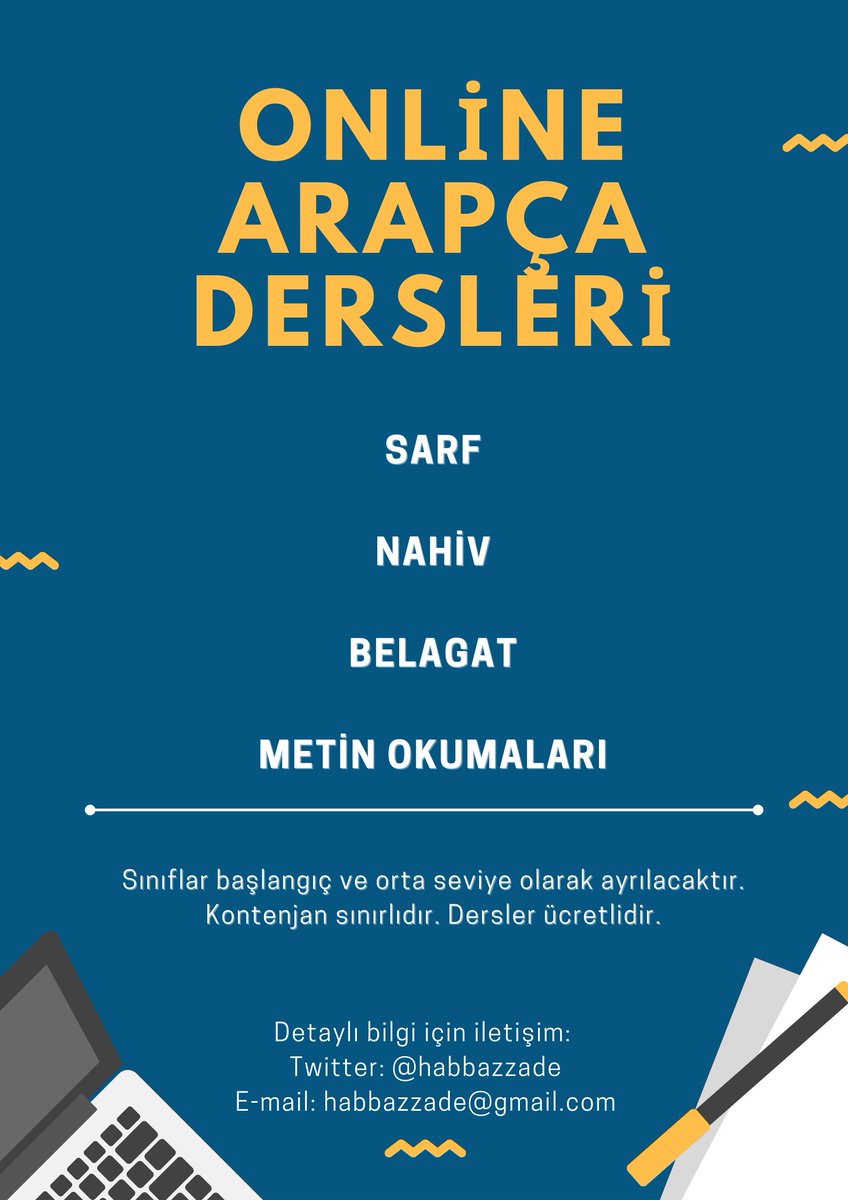 Selamun aleyküm. Kıymetli dostlar uzun zamandır yapmayı düşündüğüm online Arapça dersine Allah'ın izniyle bu ay başlıyorum. İşten güçten vakit bulamayan, Arapça'yı erteleyen, hoca bulamayanlar için bir fırsat. Ayrıntılar ve derse kayıt için aşağıya formun linkini bırakıyorum.