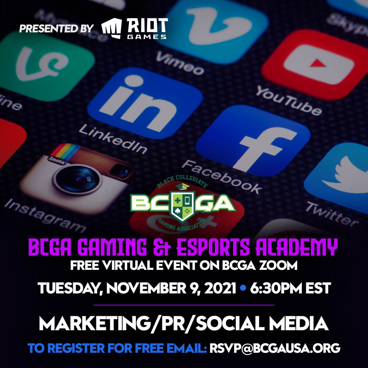 bcgausa's tweet photo. Register for FREE to attend BCGA Gaming + Esports Academy Virtual Webinar on Marketing/PR/Social Media on Tuesday, November 9th, 2021. How to register: click the link in our bio, choose BCGA 2021 Virtual Webinars and sign up for FREE.⠀
#BCGAUSA #RiotGames https://t.co/UDQCmqN6ml