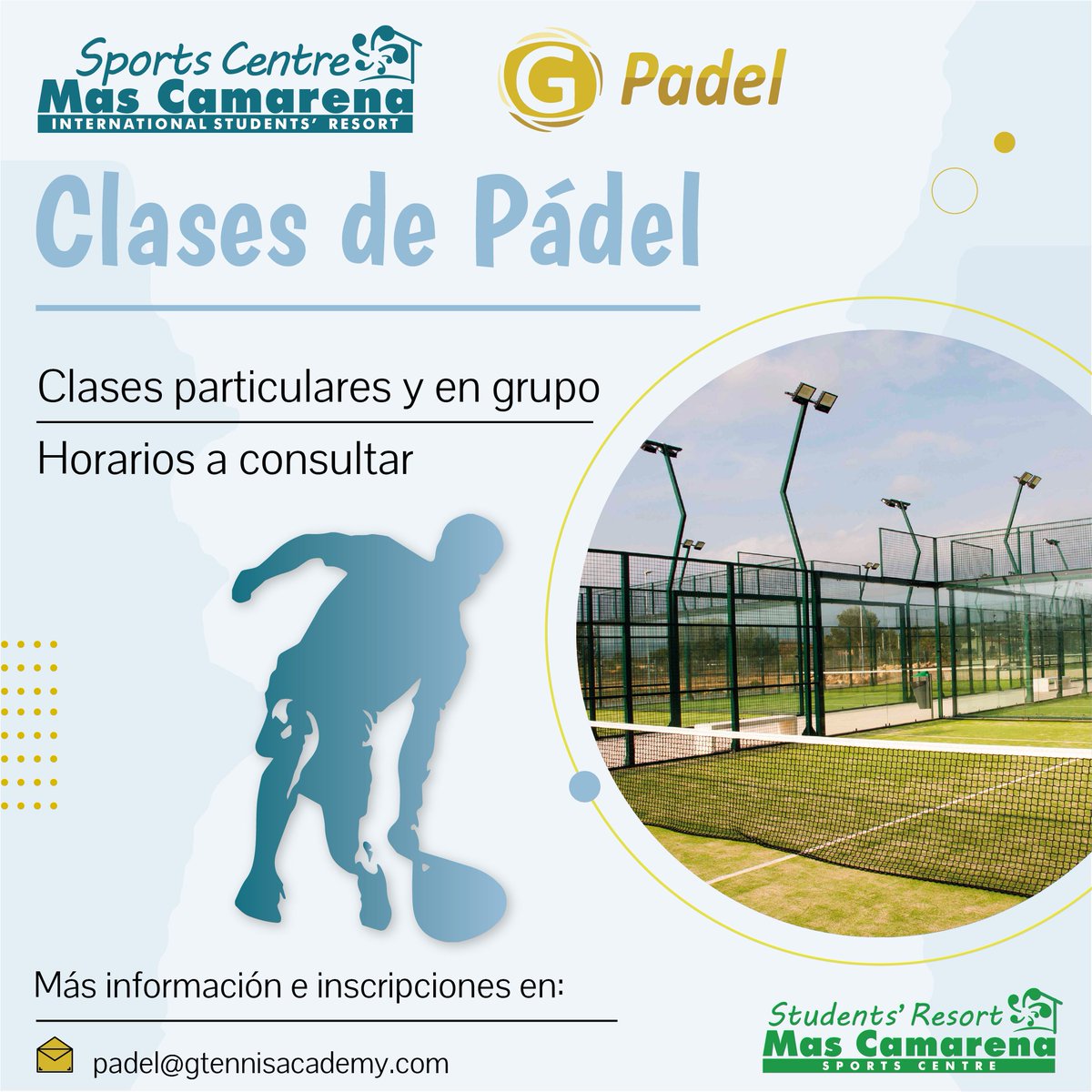 ResortMCamarena's tweet photo. ¿Listos para comenzar con las clases de pádel? 
Aprende a jugar o mejora tu nivel con los entrenadores profesionales de GTennis y en las mejores pistas panorámicas:  
🥎 Diferentes horarios 
🥎 Clases particulares o en grupo
ℹ️ Infor e inscripciones:
📧 padel@gtennisacademy.com https://t.co/xf39LM98MW