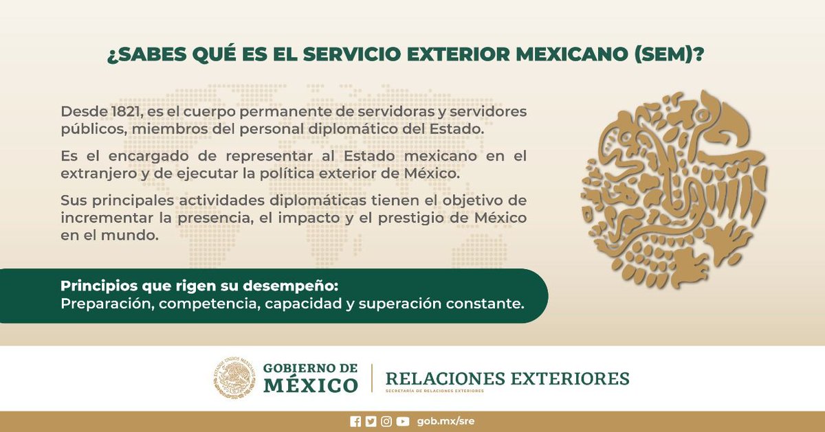 SRE_mx's tweet photo. 📌Hoy conmemoramos los 200 años de la @SRE_mx y el reconocimiento al Servicio Exterior Mexicano.

¿Ya conoces a este cuerpo permanente de servidoras y servidores públicos que integran al personal diplomático de México🇲🇽?

#200AñosSRE https://t.co/NlTDOxCVD7