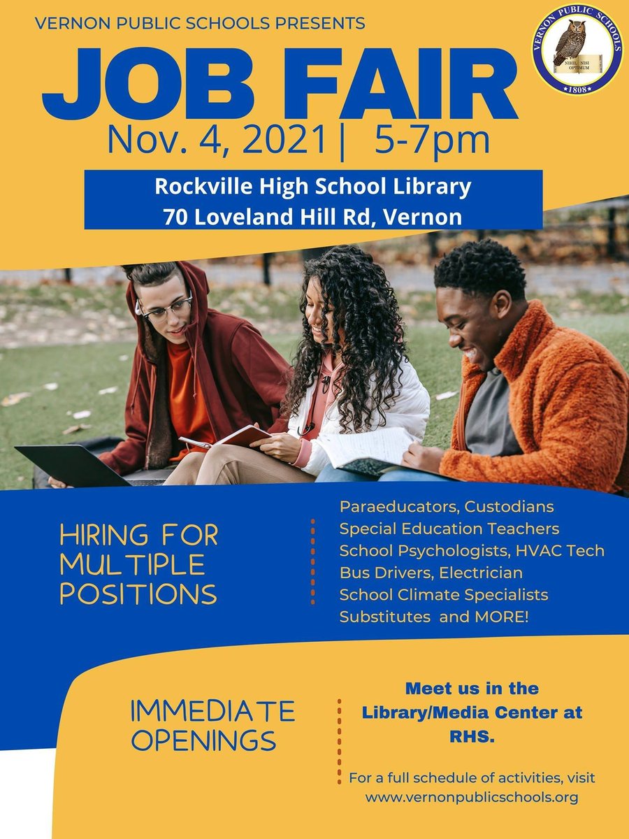 TownVernon's tweet photo. TODAY! Considering a career change? Looking for a job where you can make a difference?

The Vernon Public Schools have part and fulltime openings.

On-site interviews. Come on out this evening! https://t.co/0b5Tf0X2iy