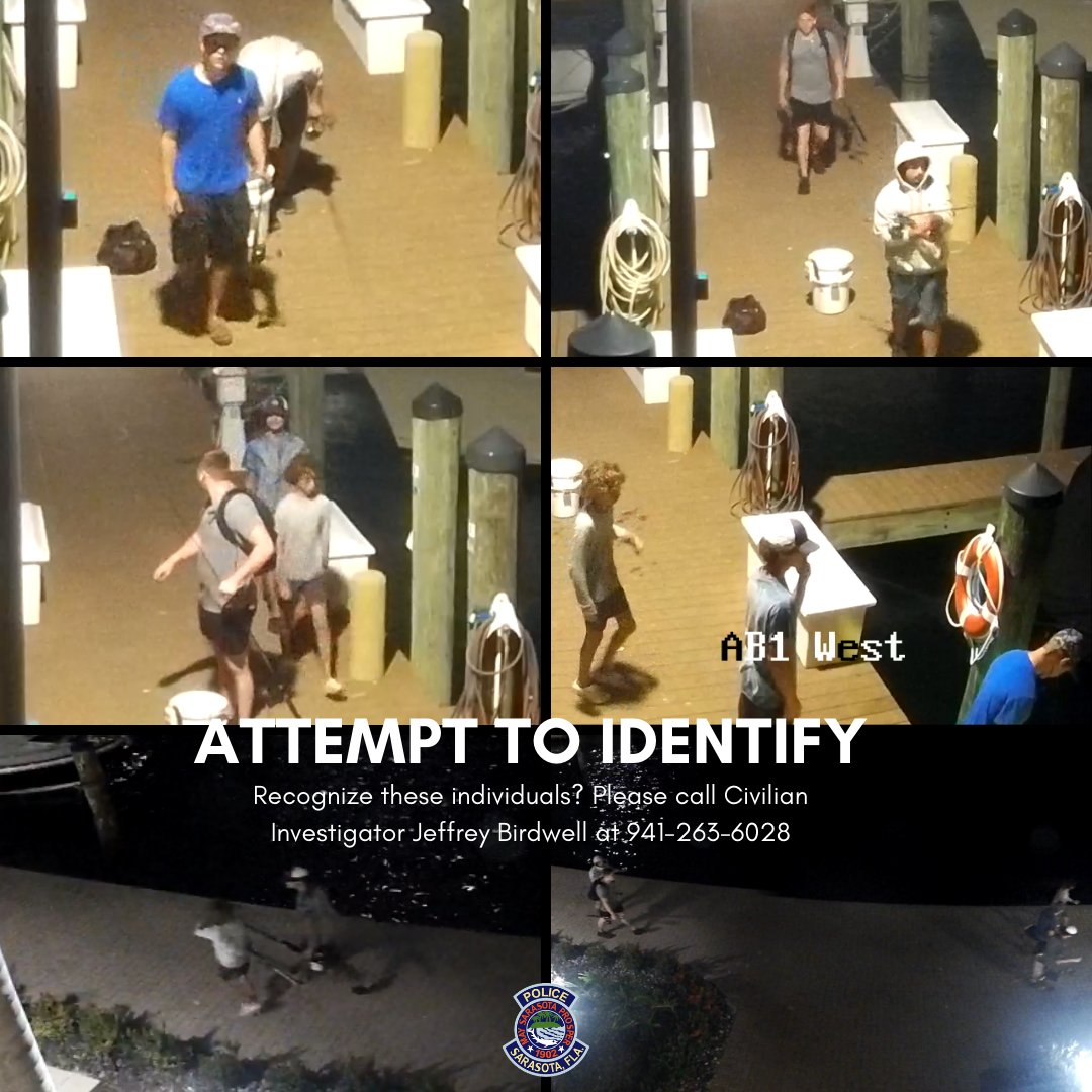 SarasotaPD's tweet photo. 🚨PLEASE RT🚨Recognize these 5 individuals?🤔We'd like to speak with them after $25K in fishing equipment was stolen between Oct. 23rd &amp; Oct. 24th in the 1100 block of John Ringling Blvd. If you have any info, please call Civilian Investigator Birdwell at 941-263-6028. https://t.co/WzV1MAUO99