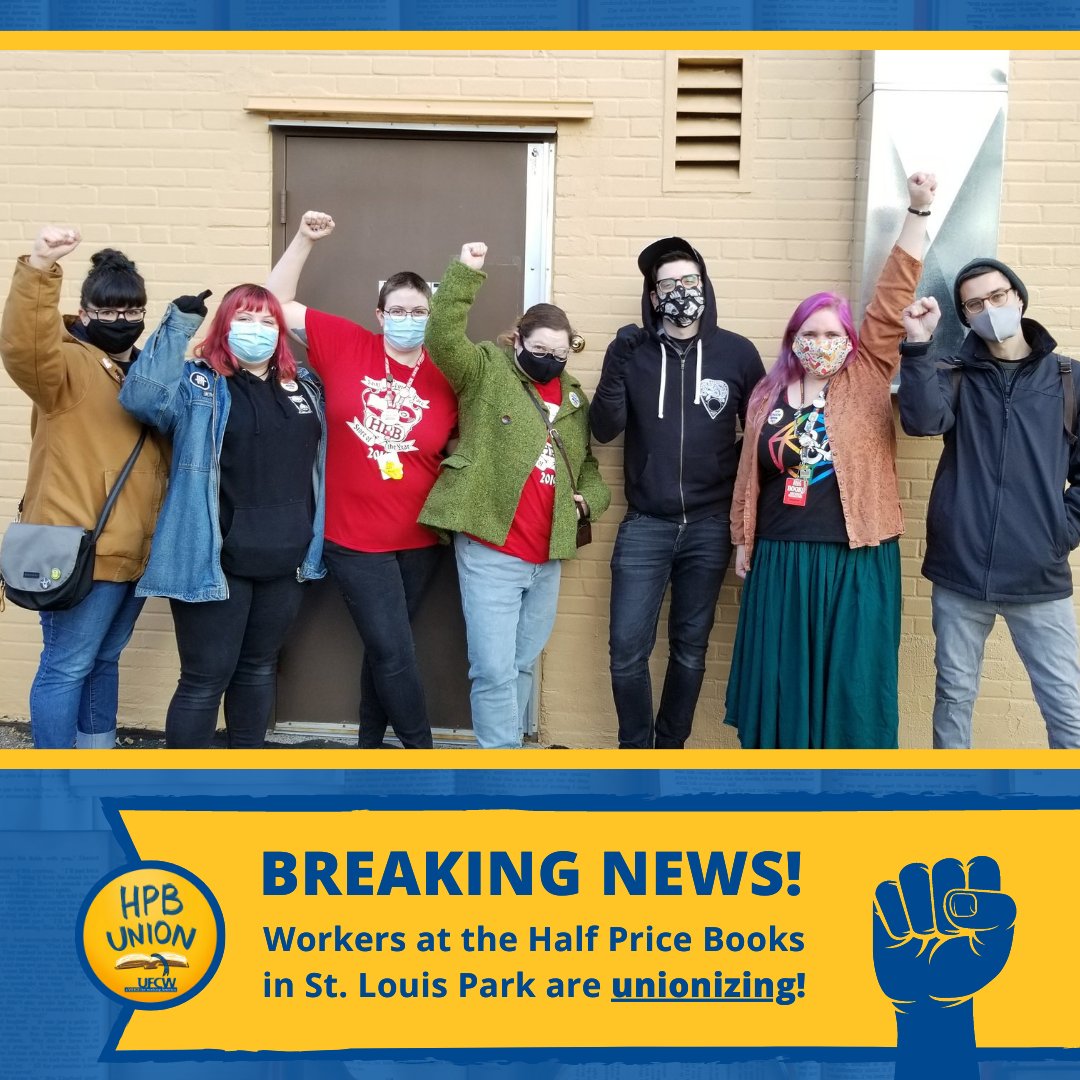 🚨 BREAKING NEWS! 🚨 This morning, workers at the St. Louis Park Half Price Books announced to management that they are unionizing! Please welcome them and show your support by signing the petition: p2a.co/k2rhuru #HPBUnion #UnionStrong #UFCW #HalfPriceBooks