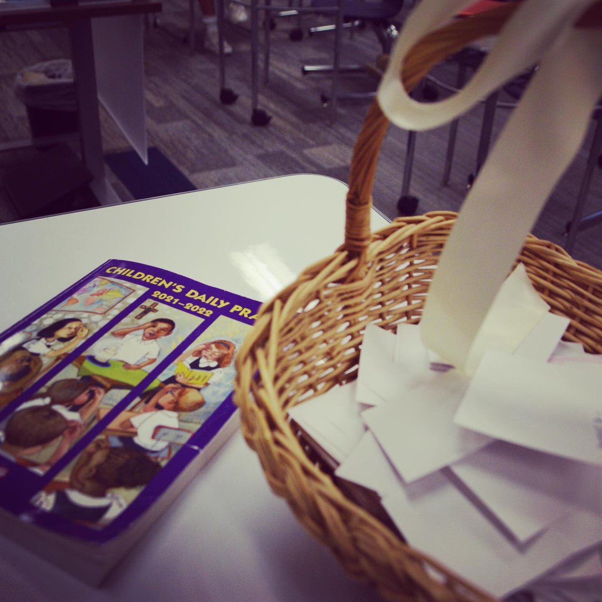 For the month of November during religion class our middle school students pray for the souls who have died, a Catholic tradition. The basket includes notecards of written names of loved ones who have died. #cksbettertogether