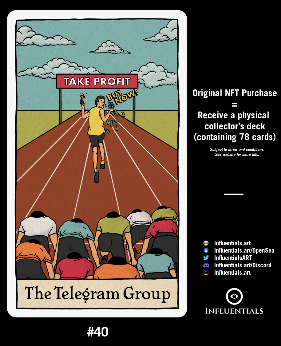 InfluentialsART's tweet photo. 📣New Card📣

🎴#40 - The Telegram Group

🏷️Price: 0.15 ETH (valid for 1 month)

🔥Original purchase / First buyer = free physical tarot deck (78 cards)

🔗https://t.co/GDOozWlJpN

#Influentials #Cryptomemes #nftcollector #NFTs #NFT  #telegrammemes #pumpanddump #openseanfts #btc https://t.co/LfuNODDyOw
