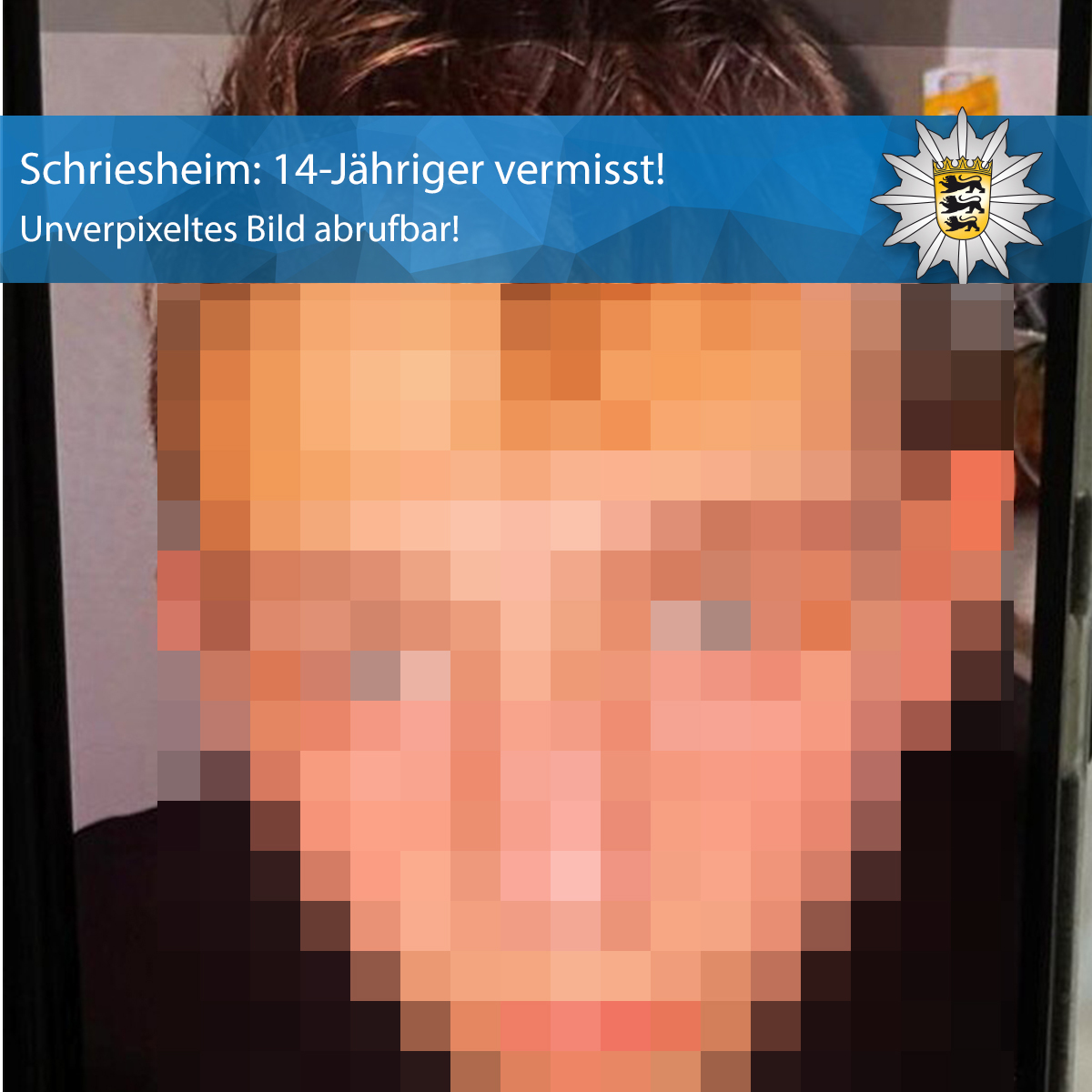 PolizeiMannheim's tweet photo. #Schriesheim-#Altenbach: 14-Jähriger #vermisst!
BITTE #RETWEETEN!
❗ Zum unverpixelten Bild gelangt Ihr direkt hier:
➡ https://t.co/4nxGIxsES5 https://t.co/lcAlwKCG5g