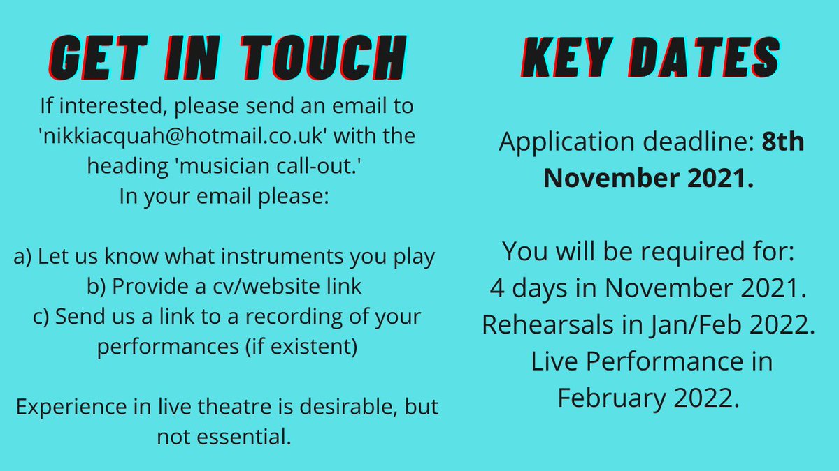 AcquahCo's tweet photo. It's time for a #musiciancallout! 

If you're a London-based musician or actor/muso, with skills in any of the following styles, get in touch! We're excited to hear from you!
#musiccasting #musiciansneeded #musicianswanted #drumming #theatre #afrocaribbean #Gospel #fado #kizomba https://t.co/d5uDRuUF7T