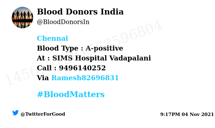 #Chennai
Need #Blood Type :  A-positive
Blood Component : Blood
Number of Units : 2
Primary Number : 9496140252
Patient : Sebin Paul P
Via: <a href="/Ramesh82696831/">Tollywood</a>
#BloodMatters
Powered by Twitter