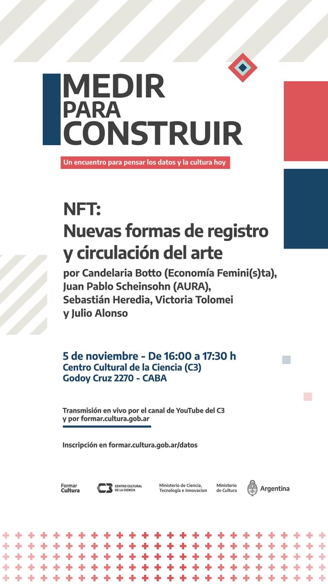 Si están en CABA, mañana está este evento sobre #NFTs 

Va a estar gente de <a href="/Aura_NFTArt/">Aura</a>, <a href="/CandelariaBotto/">Candelaria Botto</a> y otras personas que no sé cuáles son sus handles de Twitter jaja

Me parece copado lo que pueda salir para apoyar a artistas y afines :)