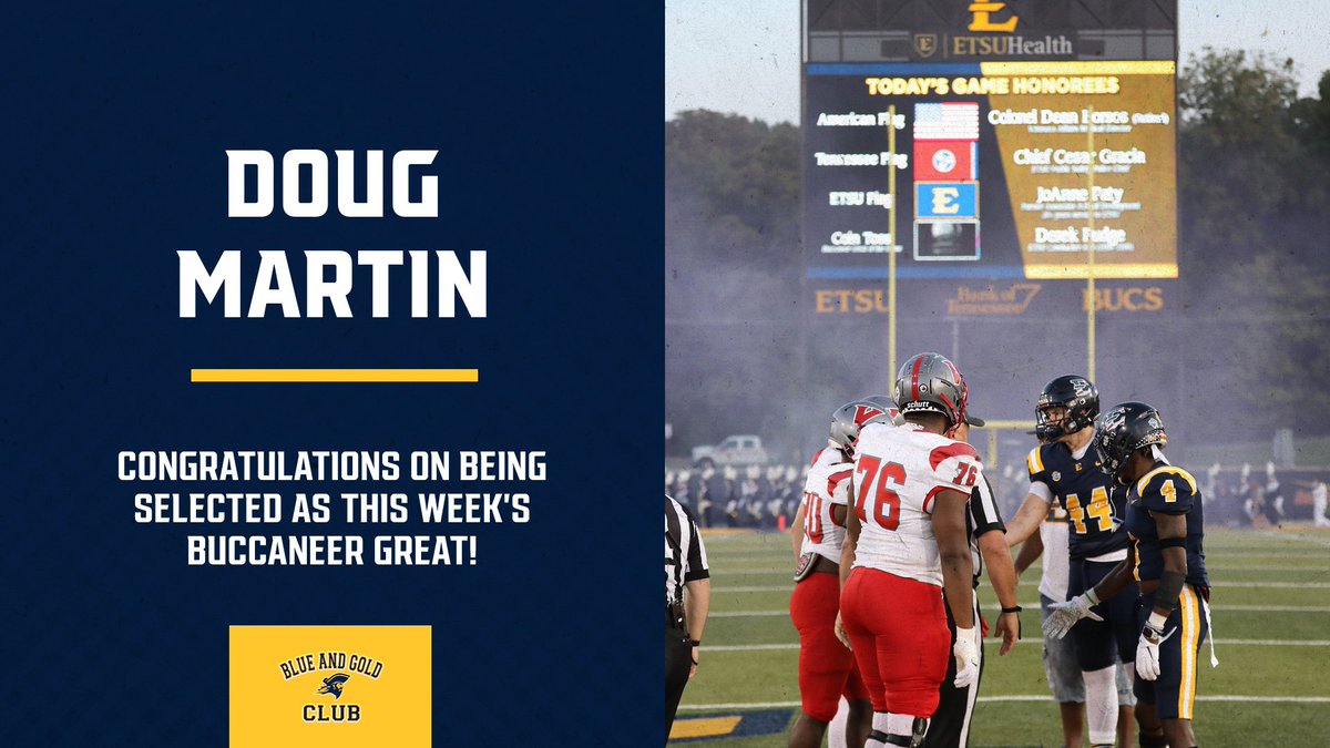 ETSUBGClub's tweet photo. This week's honoree is Doug Martin! We look forward to seeing Doug (and the rest of our @ETSUFans)  inside Greene Stadium on Saturday for Homecoming! 🏴‍☠️

To sign up for the @ETSUBGClub ➡️https://t.co/wiCxBQtsxL

For🎟️to Saturday's @ETSUFootball game, visit https://t.co/iOoPBXU2Vw https://t.co/kNYrxDuFwG