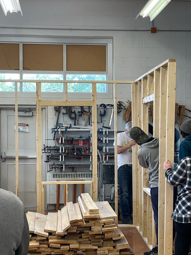 LCVI_LDSB's tweet photo. Mr. Reid's class framing in a house right in the woodshop! https://t.co/tHA1ewtcGC