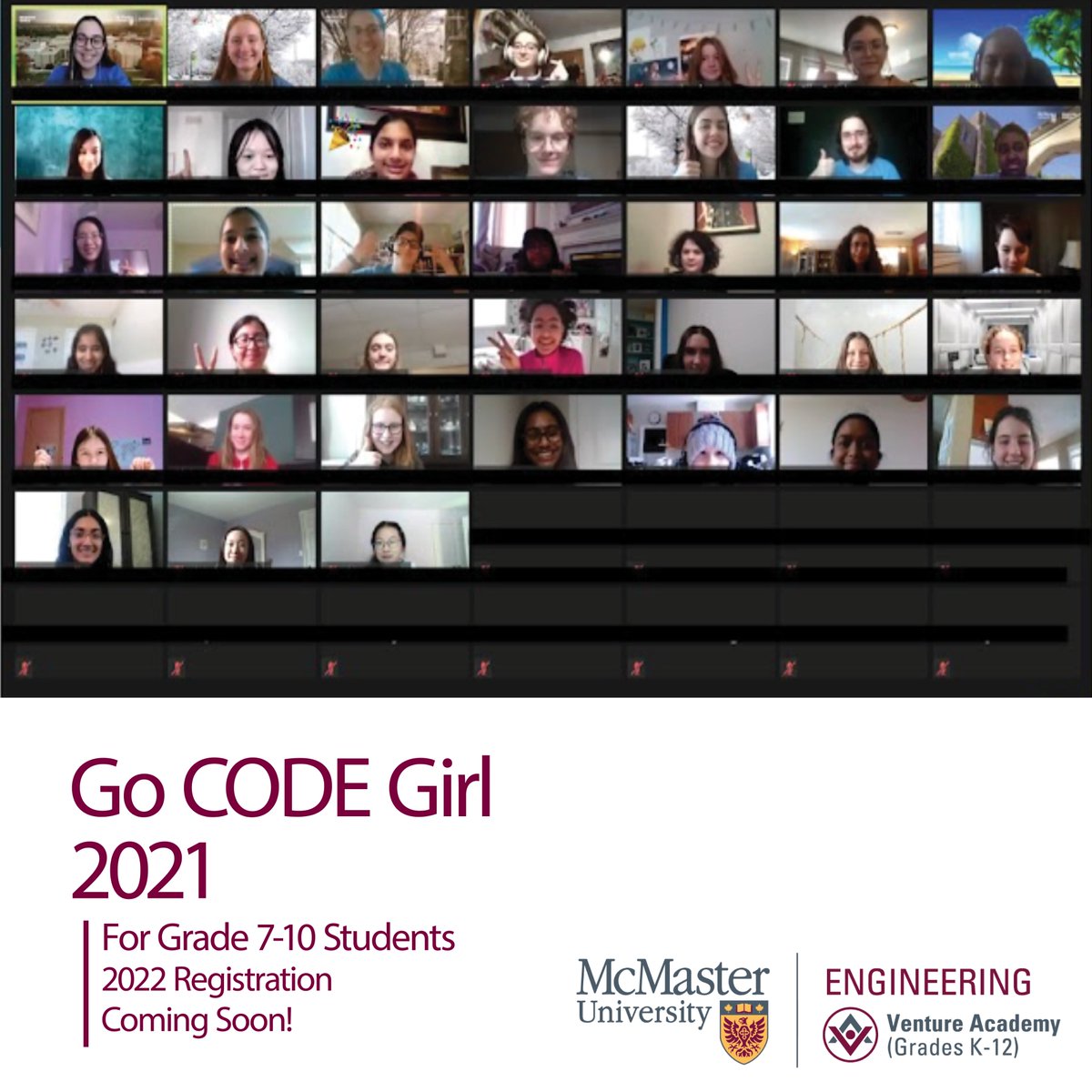 MacEngYouth's tweet photo. We are so excited to share that our 2022 Go CODE Girl date is officially Saturday January 29, 2022! To celebrate registration opening soon, we are looking back at the fun we had at Go CODE Girl 2021!
#MacEngYouth #FireballFamily #BrighterWorld #STEM #GoCODEGirl #Throwback #TBT https://t.co/QtRcHETGTz