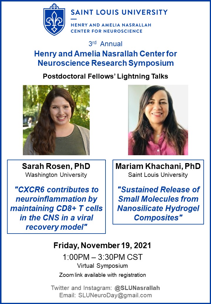 We're happy to announce our speakers for the Postdoc short talks at our 3rd annual symposium, Dr. @sarah_r0sen & Dr. Mariam Khachani😊 Registration for this free virtual symposium is still open RSVP: forms.gle/3F8yJFFEWfhrBy… #SLUNeuroDay #neurotwitter #neuroscience #virtualevent