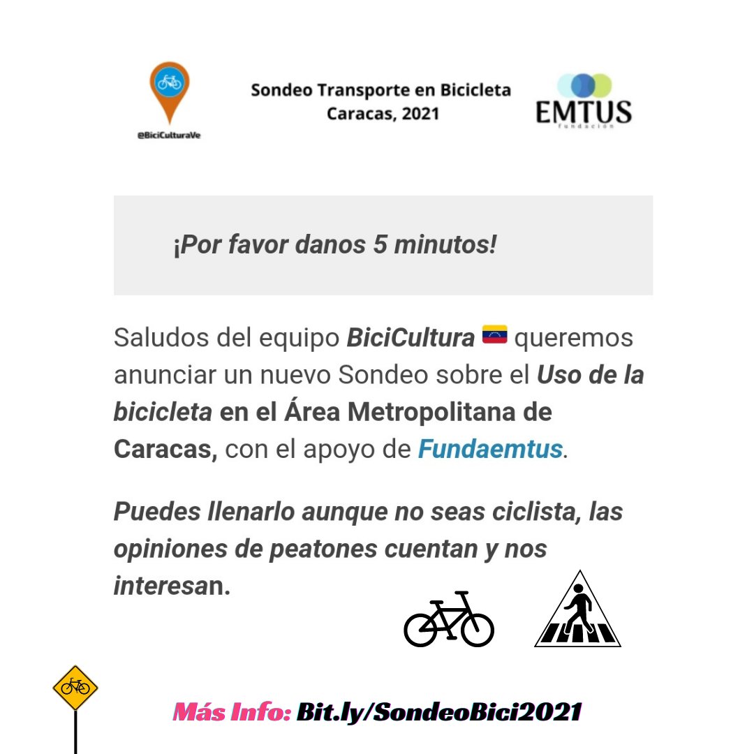 BiciCulturaVe's tweet photo. Hola gente buena. Ciclista o peatón.

Para cerrar el año queremos que nos ayuden a difundir este formulario.

¡Sólo toma 5 minutos!

@Chacao @AlcaldiaBaruta @lAlcaldiasucre @ElHatillo @alcaldiadeccs @darwingonzalezp @duquegustavoS @JoseVRangelA @cavebici @eduvial_INTT https://t.co/zxtJRkj34C