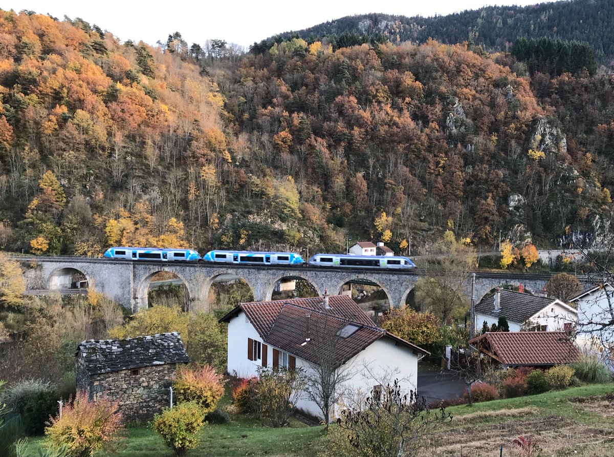 TrainCvnAuvergn's tweet photo. #TER889960 🚂 @SNCFTERAURA @saint_etienne_ ➡️ @villedupuy à l'heure 👍. 04/11/2021 #ChamalièresSurLoire @DptHauteLoire #GorgesLoire @Auvergne, entre #Retournac et #Vorey. https://t.co/8p3zVVse7Z