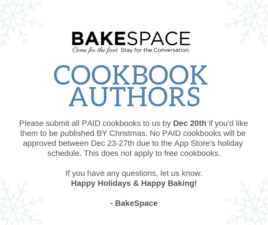 bakespace's tweet photo. BakeSpace Cookbook Authors - get your cookbooks in before Dec 20th to have your cookbooks published in time for Christmas! 

New to BakeSpace? Make your own cookbook here: https://t.co/nfuTuLM2s9 

#selfpublishing #diy #cookbooks #communitycookbook #bakespace #authors #recipebook https://t.co/YUnj1ayQ9Y