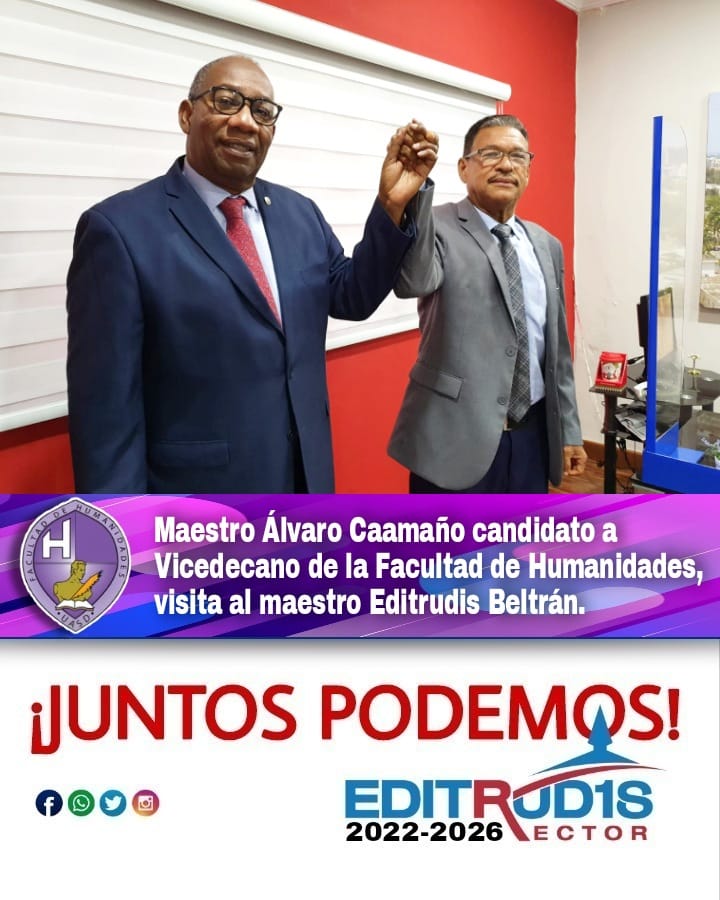 JuventudUasd's tweet photo. ¡Cuestión de Tiempo!
Los maestros Álvaro Caamaño, candidato a Vicedecano de la Facultad de Humanidades y Clara Benedicto, visitaron el comando de campaña del Proyecto Editrudis Beltrán 2022-2026.
@EditrudisBeltr1
#EditrudisBeltranRector22
#ElRector #CuestionDeTiempo https://t.co/TPIxweztrj