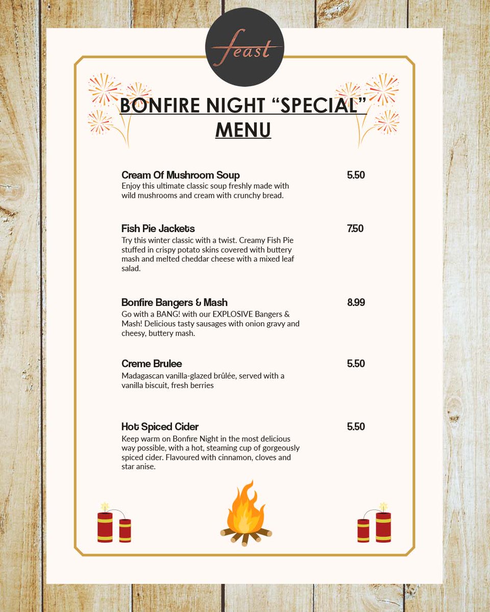 FeastRestauran1's tweet photo. BONFIRE NIGHT'S SPECIAL MENU 🔥🧨💥
"REMEMBER, REMEMBER the 5th of November" Enjoy this #bonfirenight with a tasty treat at @FeastRestauran1  
Check out our new special board. Full of delicious and warm dishes that will put the spark in your evening. 
#bonfirenightspecials #feast https://t.co/KHGwLQ6lY9