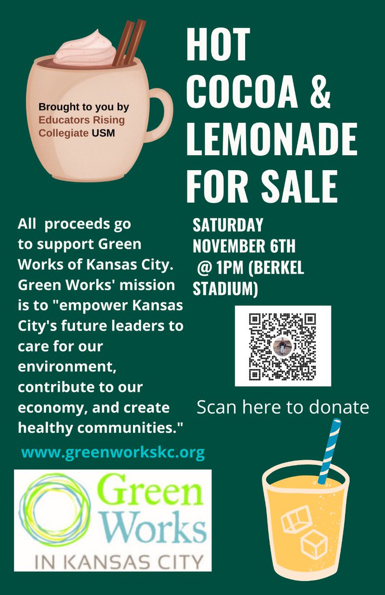 USMedrising's tweet photo. This Saturday, USM Ed Rising is selling hot cocoa and lemonade at our final home football game! All proceeds will go to Green Works of Kansas City in support of future leaders for the community. https://t.co/386nSrfE88