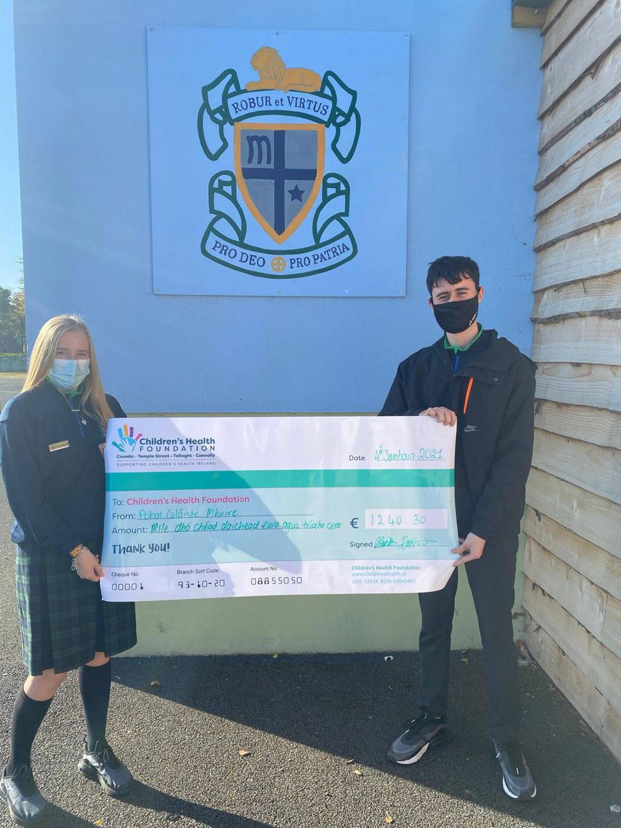ColaistemhuireT's tweet photo. Ár mbuíochas le pobal na scoile as ucht an éacht a rinneadar ag bailiú €1234.30 ar son Oispidéil Náisiúnta na Leanaí roimh saoire na Samhna. Comhghairdeas le Coiste na nDaltaí agus scoláirí na hIdirbliana as an bhfeachtas iontach a chuireadar fúthú. Bhí spóirt agus spraoi againn https://t.co/gZ6o8sdtMo
