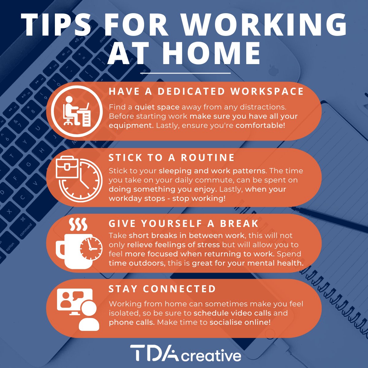 tdarecruitment's tweet photo. Working from home can be challenging at times, here is some TDA Creative tips for working at home. π
πComment below and let us know what has helped you to adjust to working from home!
#TDAway #TDAcreative #toptips #workingfromhometips https://t.co/dJ47tCPbT6