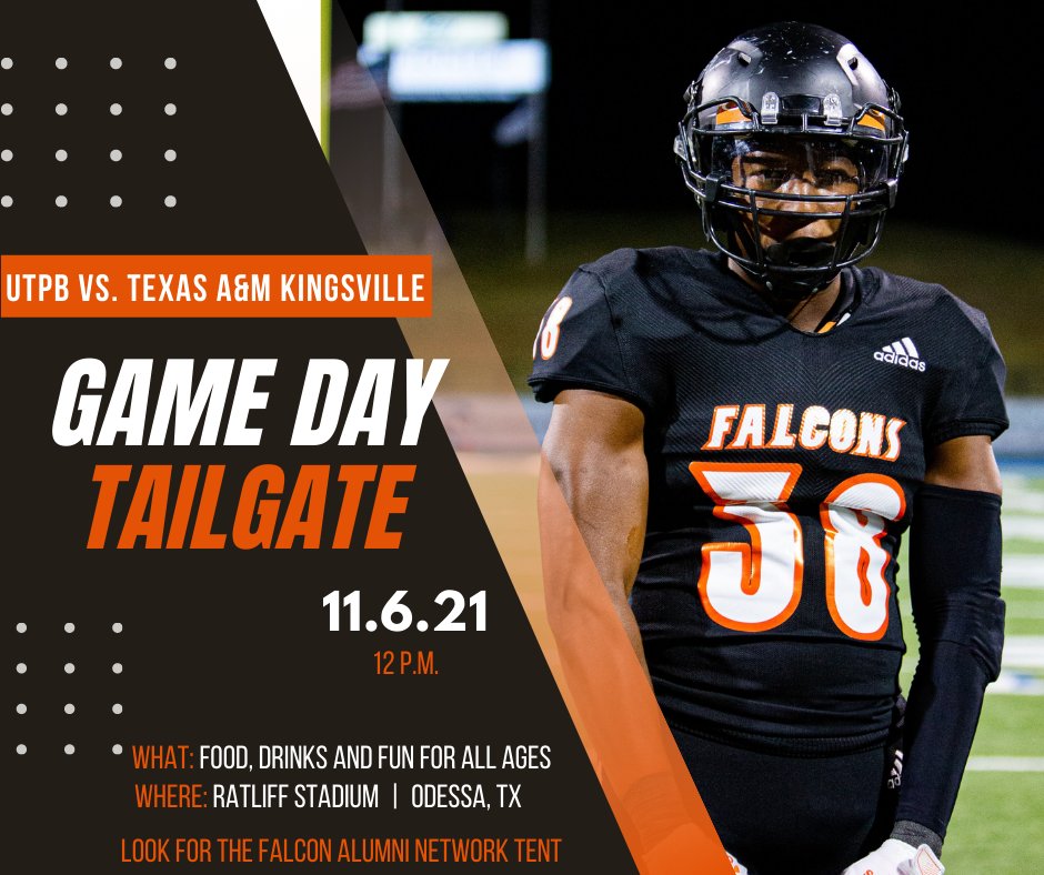 You know what time it is! Come out to Ratliff Stadium on Saturday, November 6, at 12 p.m. for our alumni tailgate. This is the last home game of the season, so come support your UTPB falcon football team!! #UTPB #Alumni #Tailgate