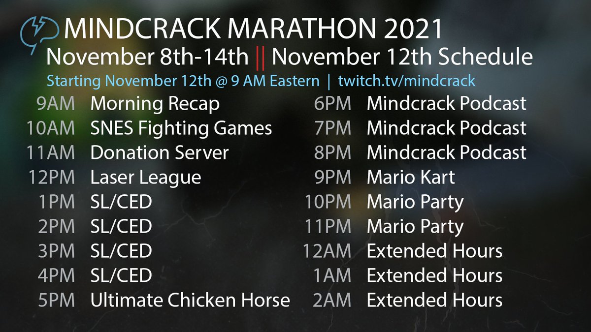 MindcrackLP's tweet photo. #MindcrackMarathon 2021 
Day 5 - November 12 2021 Schedule https://t.co/uAHeaONDbo