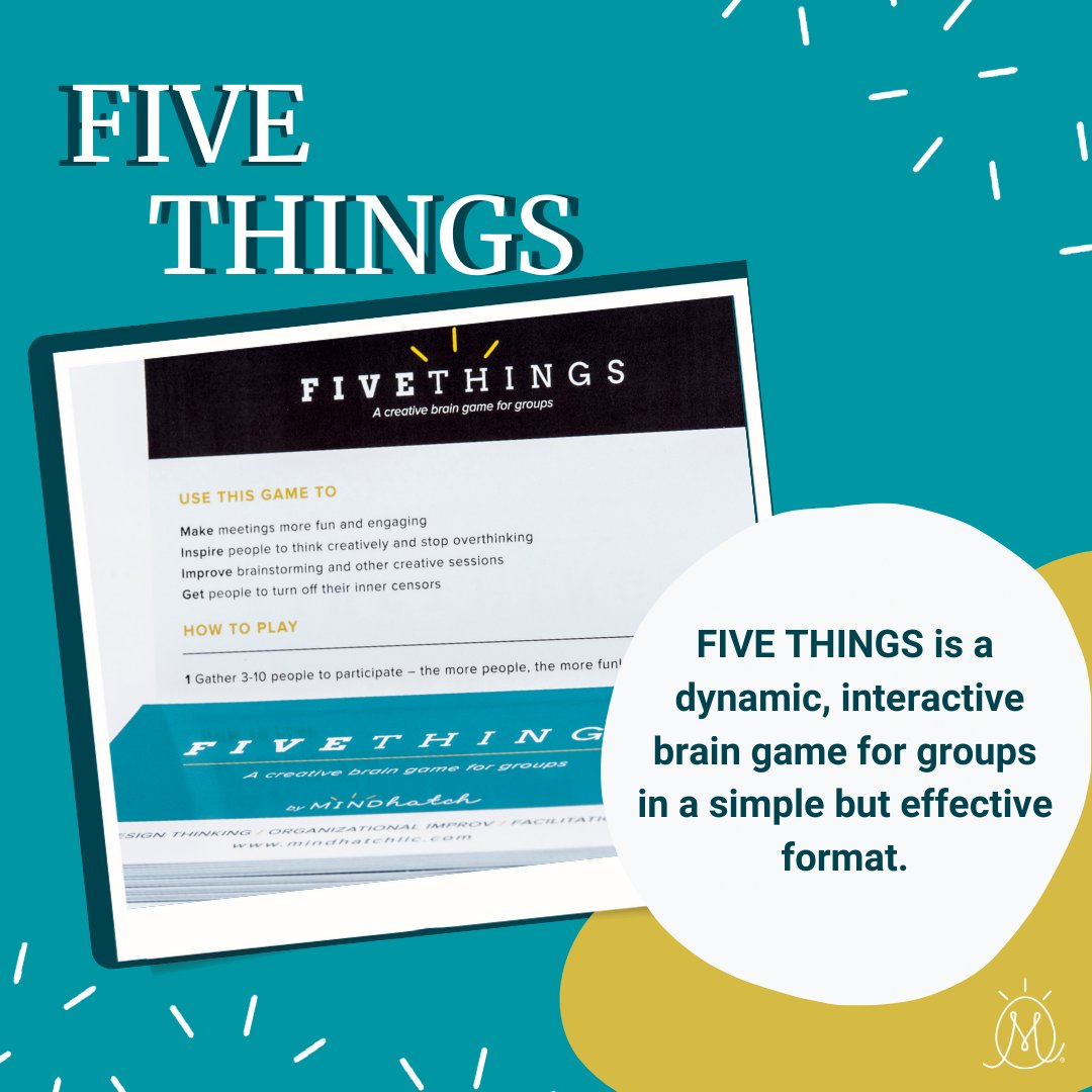 Make your meetings more engaging, creative, and productive with our free FIVE THINGS improv game! 🙋

Get FIVE THINGS now ▶️ ow.ly/rw0I50GBBmj

#fivethings #creative #virtualmeeting #remoteworking #facilitation #innovation