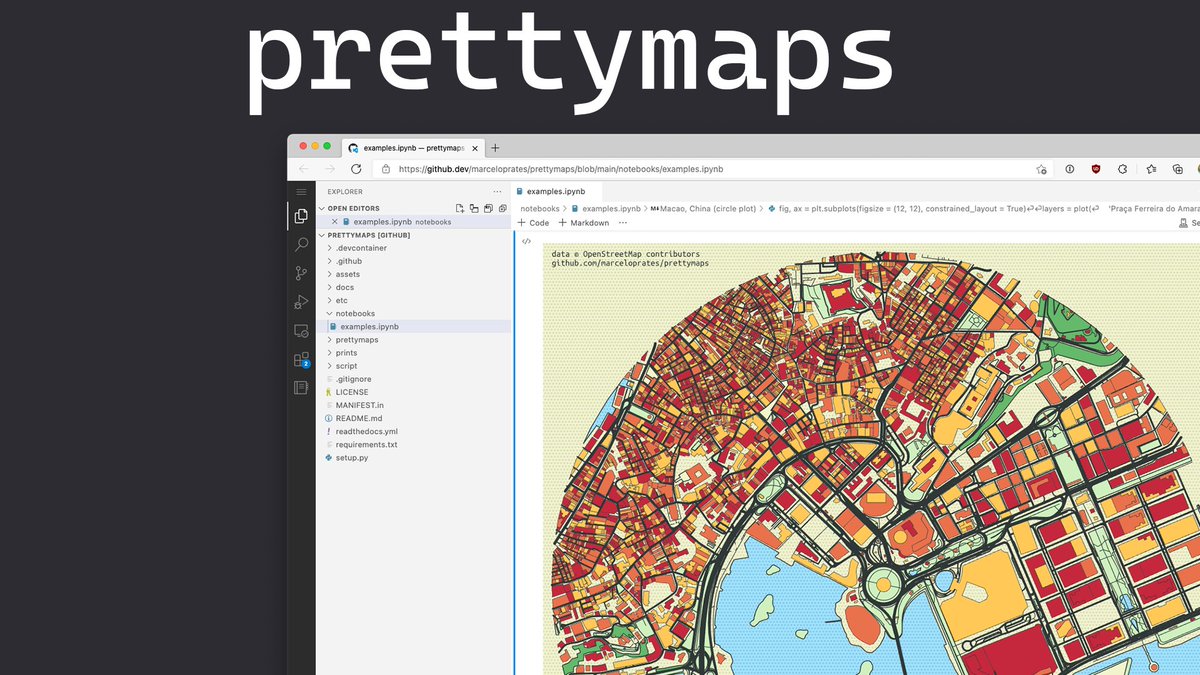Screenshot of the "prettymaps" notebook running in github.dev