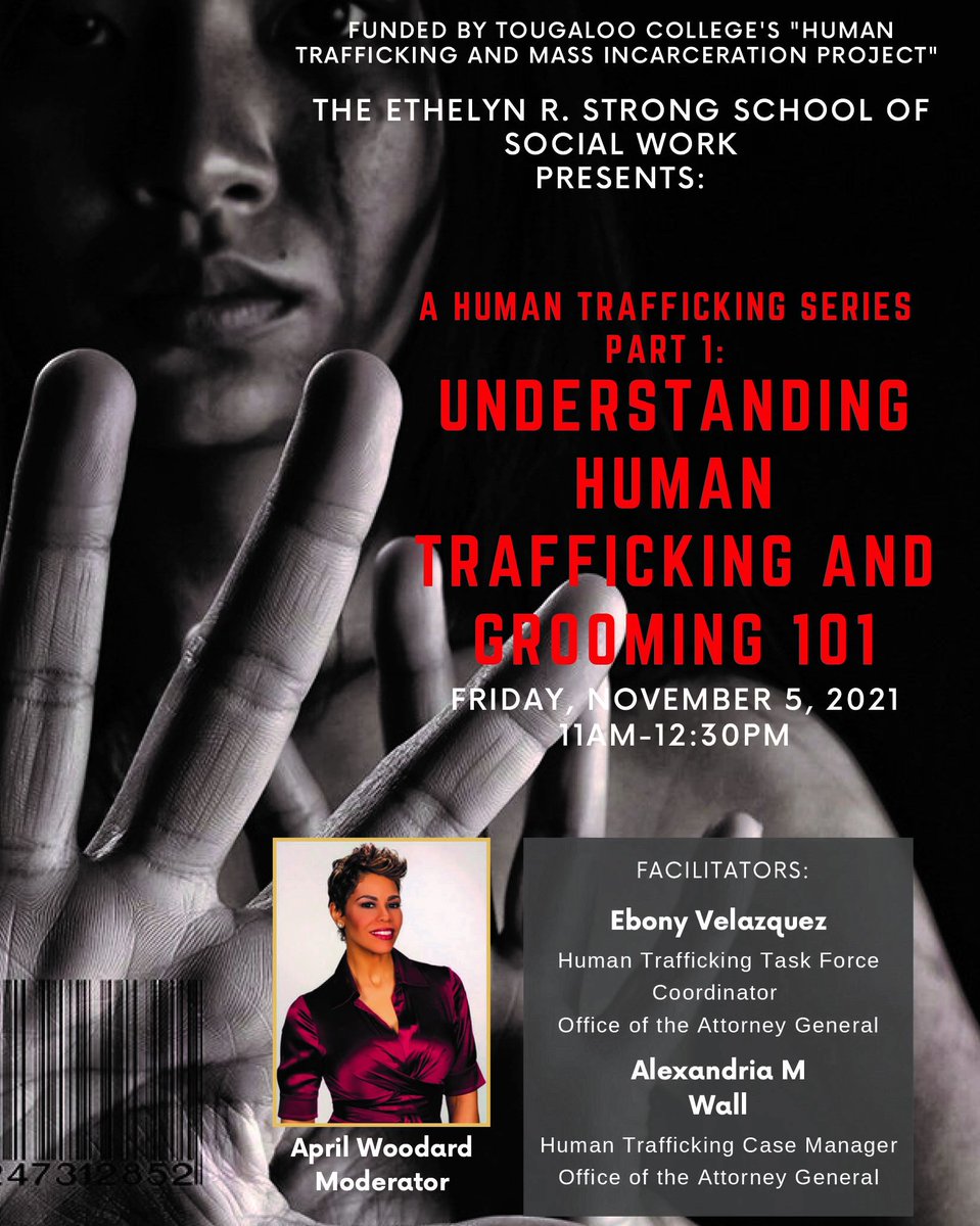 LibrarySpartans's tweet photo. Register today for the free virtual event "Understanding Human Trafficking and Grooming 101" taking place 11AM-12:30PM on Friday, Nov. 5, 2021 at https://t.co/IsjcyzWQai  @Norfolkstate  #SocialWork #endhumantrafficking For more information, please call 757-823-2917. https://t.co/qTmEsBOaPI
