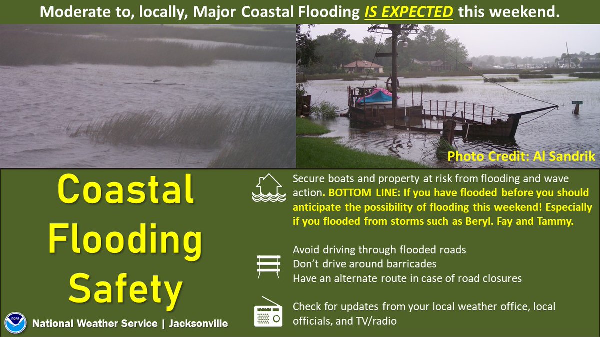 NWSJacksonville's tweet photo. A "nor'easter" like those that occur off the Jersey Shore will visit our coast this weekend. Moderate 2, locally, Major coastal flooding is likely Friday &amp; (more likely) Saturday. Your best bet is to secure/protect property prone to flooding now! #FLWX #GAWX #GEMA #FDEM #Flagler https://t.co/RwQ5TMFXHF