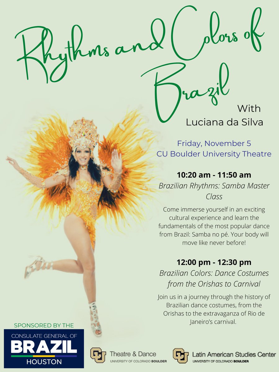 Come to the UT tomorrow for a free Master Class in Samba, and stay for the lecture on Brazilian Dance Costumes afterwards! This is a fantastic opportunity on-campus!

#cutheatredance #samba #braziliandance #cuboulder #dance