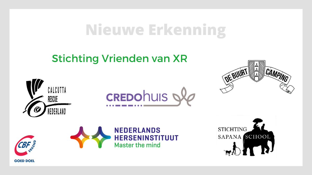Het CBF heeft weer zes nieuwe goede doelen Erkend. Van harte gefeliciteerd <a href="/CredoHuis/">Credo Huis</a>, <a href="/debuurtcamping/">De Buurtcamping</a>, #StichtingVriendenvanXR, #StichtingSapanaSchool, #VriendenvanhetHerseninstituut en #CalcuttaRescueNederland. Lees meer over deze nieuwe Erkenningen via: cbf.nl/nieuws/4330/ze…