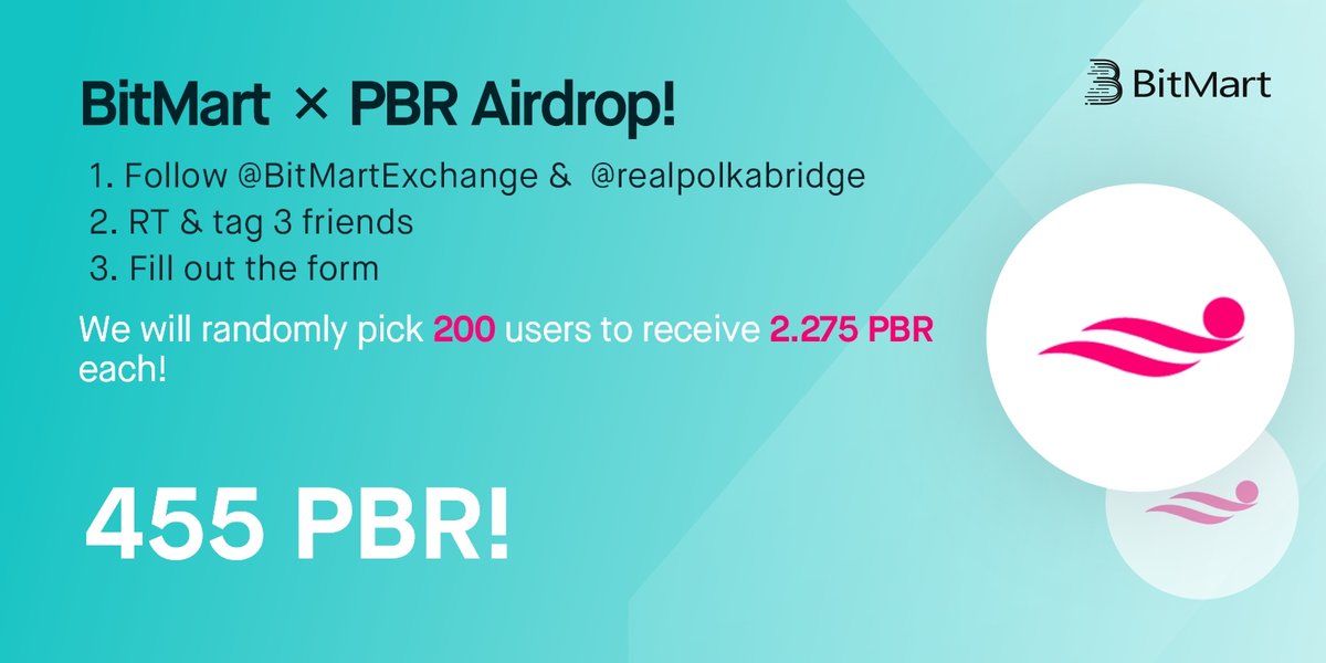 🎉To celebrate <a href="/realpolkabridge/">PolkaBridge</a> listing, we’re giving away 455 PBR !
 
1⃣Follow <a href="/BitMartExchange/">BitMart</a> &amp; <a href="/realpolkabridge/">PolkaBridge</a>
2⃣RT and tag 3 frds 
3⃣Fill out: forms.gle/nQqXiHUcZs3fed… 
 
✨ 200 lucky winners receive 2.275 PBR each !
⏰ Enter by 11:59 PM EDT Nov 7