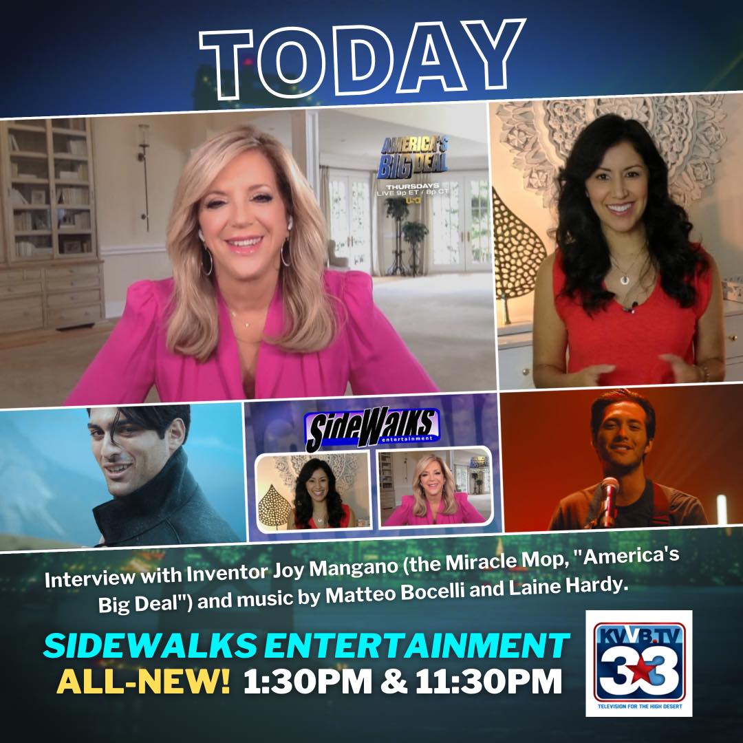 SidewalksTV's tweet photo. Today on #KVVB:
Interview with Inventor #JoyMangano (the #MiracleMop, #AmericasBigDeal); music by #MatteoBocelli and #LaineHardy. Watch #today (#Thursday) at 1:30pm & 11:30pm.
#newepisode #kvvbtv #highdesert #socal #watch #celebrity #Victorville #Barstow #LucerneValley https://t.co/H9VQEMkj4H