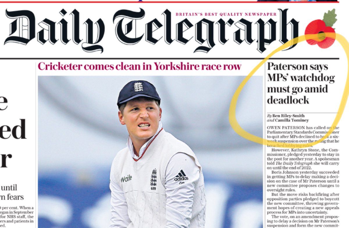 stustjohn's tweet photo. @RhiD83 @IanDunt Delicious timing for the Telegraph front page, right hand column. Swimming against the tide of reality news reporting has its unfortunate (for them) outcome!!!
#PatersonOut https://t.co/8V8VWYQTyd