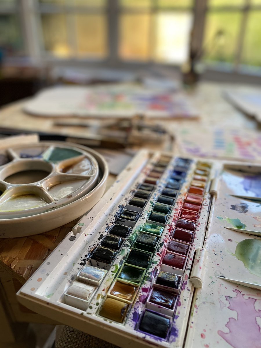 KMortimore's tweet photo. It’s all secret Santa work at the mo… #watercolour #painting #art #artist #studio #watercolourpalette #colour #sablebrush https://t.co/wfqMz6Vpqo