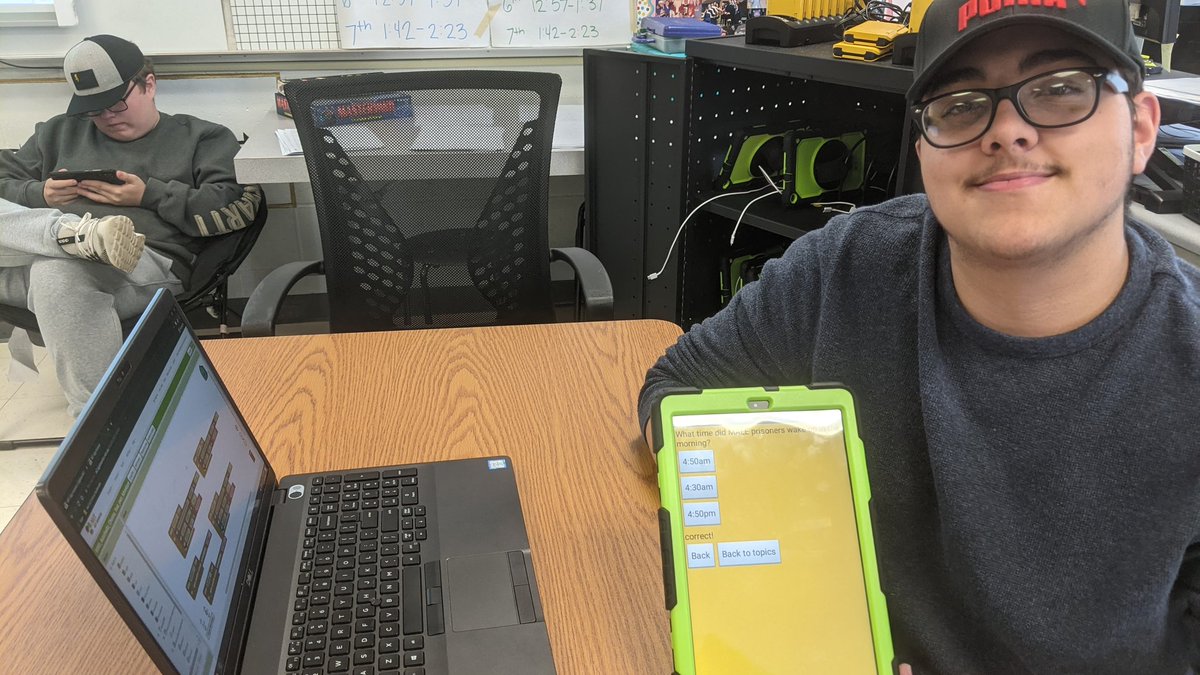 nhs_dotson's tweet photo. A WWII adventure book, a coloring book, a soundboard, and more. Thanks Mrs. Willis for inviting me to your app coding gallery walk! #pltw #weareOneNorthwest https://t.co/HI7uO8PVIS