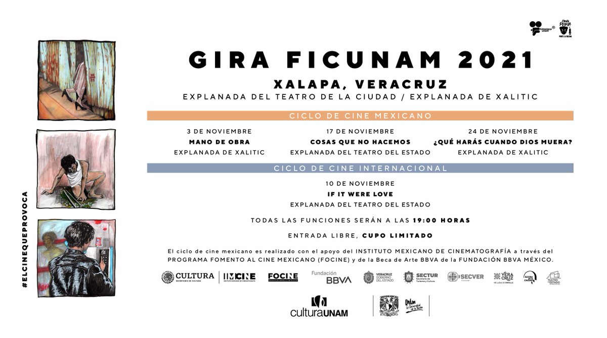 AgoradelaCiudad's tweet photo. Compartimos contigo las siguientes fechas de la #GiraFICUNAM2021

🎞Explanada del Teatro del Estado 19:00 h.
10 de nov- If it were love
17 de nov- Cosas que no hacemos?
🎞Explanada de Xallitic 19:00 h
24 de nov- ¿Qué harás cuando dios muera?
@FilmotecaUNAM
@FICUNAM @imcine 
@bbva https://t.co/yfrHRB7qRw
