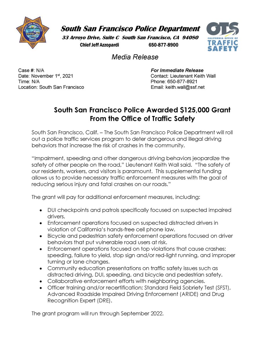 SSFPolice's tweet photo. SSFPD AWARDED GRANT - The South San Francisco Police Department was awarded a $125,000 Grant from the Office of Traffic Safety (OTS) in order to deter dangerous and illegal driving. #ssf #ssfpd #ssfpolice #dui #cellphoneviolations #speeding #traffic #motors #ots #otsgrant https://t.co/daHFBZoG94