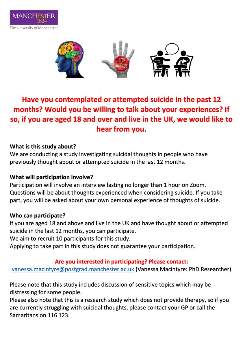 Have you thought about or attempted suicide in the past 12 months? Volunteers needed for a study that aims to assess awareness of consequences of suicide in individuals who have previously thought about or attempted suicide. See below for details ⬇️

tinyurl.com/5b7a8wzu
