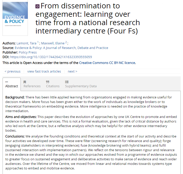 EvidencePolicy's tweet image. From @EvidencePolicy #OpenAccess, now online!

'From dissemination to engagement: learning over time from a national #research intermediary centre (Four Fs)' by @TaraJLamont &amp;amp; @maxwele2

@policypress @pmw777 @jorycroftmalone @AnnetteBoaz

Read it here:
doi.org/10.1332/174426…