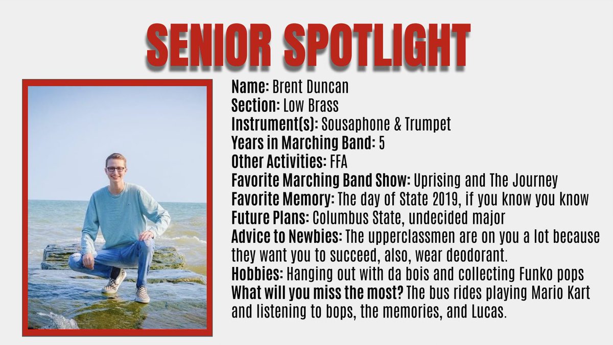 lhsmband's tweet photo. Next up for our senior spotlight is Brent Duncan!
3 days until state competition https://t.co/ZFzQmLoe1w