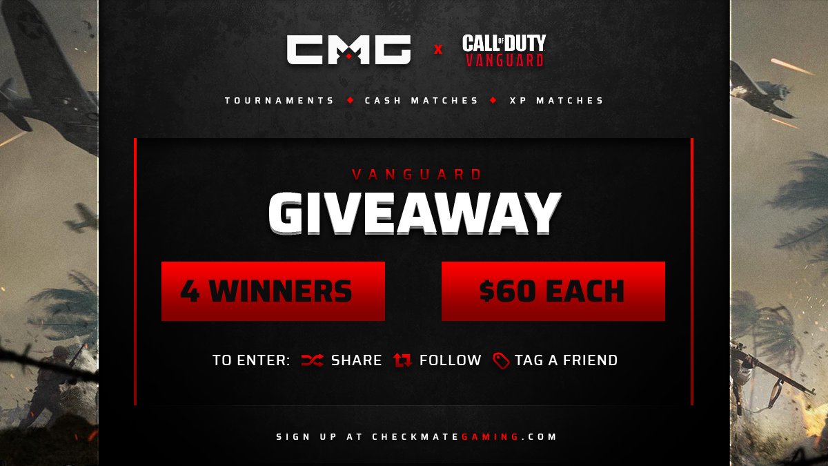 🚨 CALL OF DUTY: VANGUARD GIVEAWAY 🚨

✅ Follow <a href="/CMG_Esports/">CMG</a> 
👥 Tag 2 Friends
♻️ Retweet

Winners picked today @ 8:00 ET!

#CMG #Vanguard #Giveaway #Giveaways