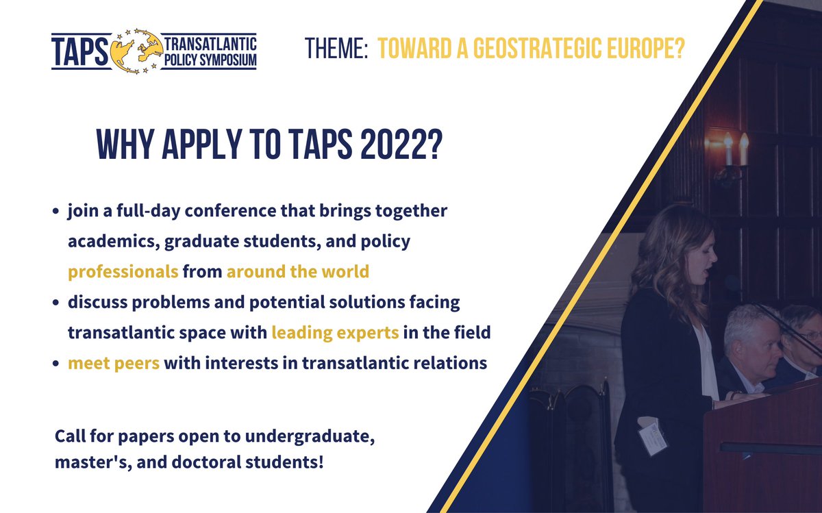 TAPSGeorgetown's tweet photo. Meet with academics, graduate students, and policy professionals from around the world to discuss pressing issues at the heart of the transatlantic relationship! ๐บ๐ธ ๐ช๐บ
Visit our website for more info!
๐Deadline for abstracts: November 19, 2021
#TAPS2022 #GeorgetownMAGES https://t.co/01J4QpqjxW