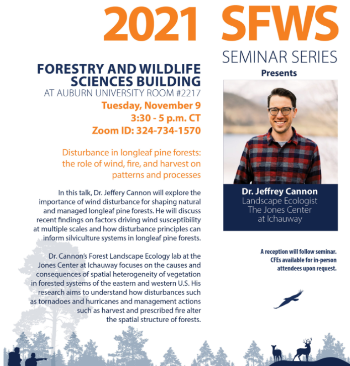 JefferyBCannon's tweet photo. I'm giving a seminar on our work on the role of wind disturbances for shaping #longleaf pine forests for anyone interested in joining 330CT/430ET Tuesday at @ausfws. Join on Zoom if you're interested! https://t.co/X5YluH3lQT