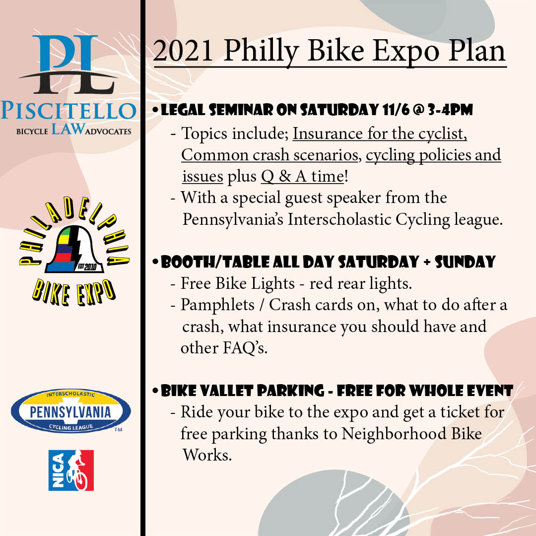 Piscitello_Law's tweet photo. Super excited for the long awaited 2021 Philly Bike Expo w/the @phillybikeexpo team! Seminar is 11/6 @ 3pm. Our booth will be at the front entrance #2005 โ stop by for bike lights and crash cards.
@neighborhoodbikework #bikeexpo2021 #morekidsonbikes #philadelphia #phillybikes https://t.co/lTflrnOBVD