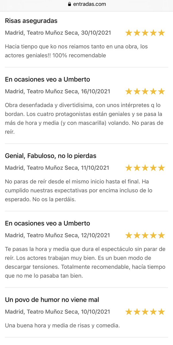 Nos encanta leer estos super comentarios en <a href="/entradas/">entradas.com</a> sobre la #comedia mas divertida y gamberra de la cartelera teatral

#enocasionesveoaumberto 😂😂😂