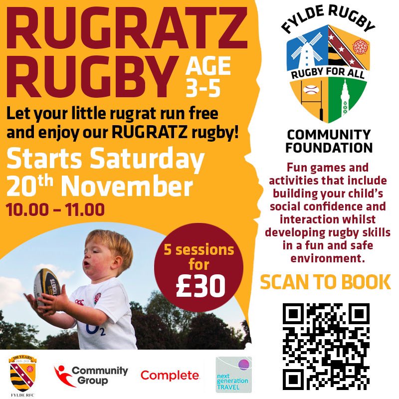 FyldeRugbyFdn's tweet photo. We still have places left for our Rugrats Rugby which starts in a couple of weeks! 

👶 Ages 3-5
🏉 Improved confidence, learn new skills, make friends! 
😁 Fun games and activities 
📍 New indoor venue - Ansdell Arena!
Book here ➡️ https://t.co/xrqP6SncCO #RugratzRugby #FRCF https://t.co/Lk0Ct0jplJ