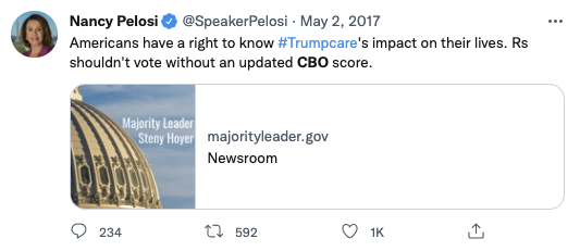 Jdbunting1's tweet photo. @POTUS Liked a post: Hey, @SpeakerPelosi, we need a full CBO score before voting on your Far-Left Socialist reconciliation package.

Here's what you said in the past about the importance of a CBO score. https://t.co/kxjcVjbodl